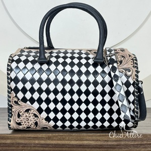 Premium Hand-Tooled Cow Leather Speedy Duffel <b>Bag</b> Western Black & <b>White</b> Checkered Large <b>Shoulder</b> Handbags for Travel & Daily Use - Product Image 1