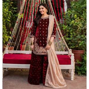 Robe Salwar Kameez pour femmes, de haute qualité, ethnique, moderne, en velours de viscose lourd, broderie, lavable en machine, séchage rapide, hiver - Product Image 1