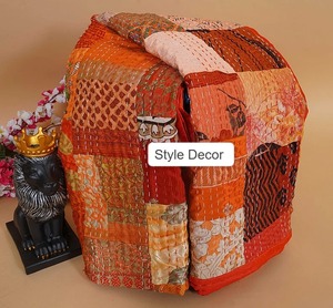 Handmade Bohemian <b>Patchwork</b> Kantha Quilt Vintage Indian Cotton Sari Bedspread, King/Twin Size Throw, Hippie <b>Bedding</b>, Home Decor - Product Image 6