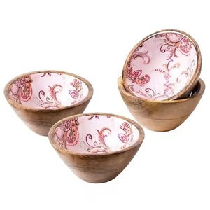Handcrafted Mango Wood <b>Serving</b> <b>Bowl</b> Blue And <b>White</b> Floral Print Decorative Salad <b>Bowls</b> Vintage Wooden <b>Bowl</b> - Product Image 2