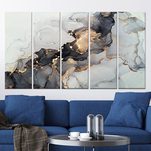 Art mural élégant en verre marbré noir et or - Toile imprimée, toile enveloppée 5P - Product Image 1