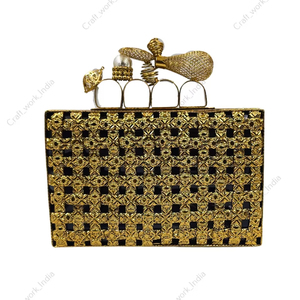 Handcrafted <b>Gold</b> Metal Floral Grid <b>Clutch</b> with Ornate Knuckle Handle Luxury Designer Statement Party Evening Handbag bridal <b>bag</b> - Product Image 1