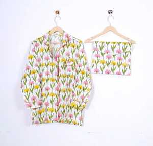 Conjunto de pijama de algodón con bloque de mano indio Ropa de noche elegante a la moda para mujeres y hombres Transpirable 100% algodón para el verano - Product Image 3