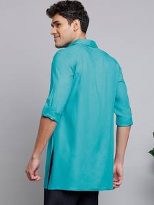 <b>men</b> turquoise blue straight short <b>kurta</b> shirt collar viscose rayon roll up long sleeves <b>kurta</b> for <b>mens</b> - Product Image 3