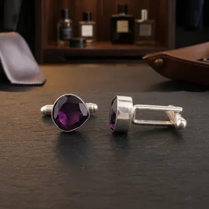 Boutons de manchette artisanaux en améthyste naturelle, sertis d'argent sterling 925, bijoux unisexes faits à la main, élégants pour tenue formelle - Product Image 4