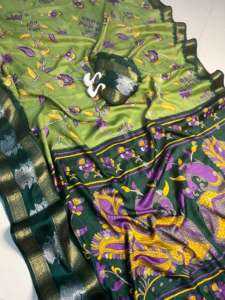 Sari Dola Kalmkari pour femme en tissu doux avec motif Jequred Patta à motif de paon, magnifique bordure Jequred argentée et dorée - Product Image 4