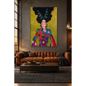 Impression sur toile de femme en robe fleurie sur fond de moutarde Fida - Product Image 4