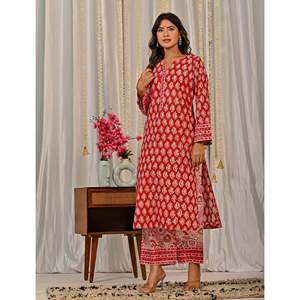 Ensemble Kurta et pantalon en coton rouge avec imprimé bloc pour un usage quotidien - Product Image 4