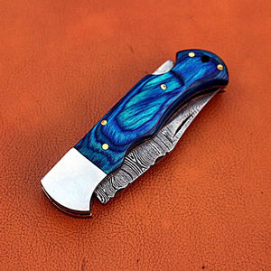Couteau pliant de poche en acier Damas fait main, personnalisable OEM, pour usage extérieur, camping et industriel, avec manches en bois ou Micarta - Product Image 4