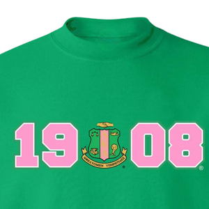 Sweat-shirt à col rond AKA 1908 Year Crest, vert forêt avec lettres grecques roses et blanches, pull en polaire pour sororité - Product Image 5