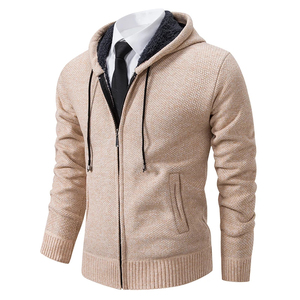 Sudadera con capucha de lana con cremallera a la moda para hombre, suéter de punto grueso informal de negocios a la moda, chaqueta forrada, diseño sólido - Product Image 5