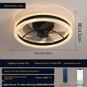 Ventilador de techo LED de montaje empotrado inteligente de 6 velocidades con control remoto 3000-6500K Motor de CC de aluminio negro regulable 5 aspas moderno para dormitorio - Product Image 3