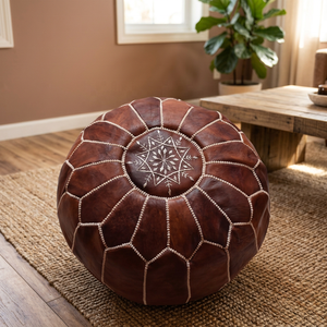 Handmade Genuine <b>Leather</b> Round <b>Pouf</b> Cover with Geometric Embroidery Bohemian Style Stitched Design Zipper Closure Home Decor - Product Image 3