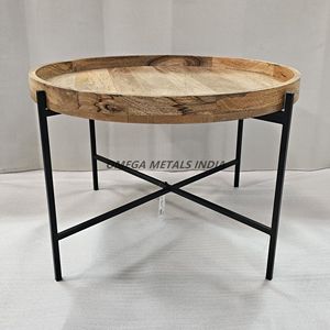 Table basse ronde en bois chic avec finition naturelle et structure en métal noir robuste, idéale pour les intérieurs rustiques et modernes - Product Image 1