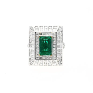 Bague Large Cadre en Argent Plaqué 925 5.17 Carat Émeraude Colombienne Et Baguette Diamant Halo Rectangle Style Art Déco - Product Image 4