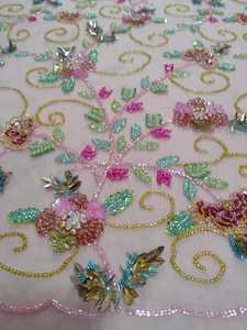 Fleurs 3D avec paillettes perlées Tissu de perles de broderie de mariée de mariage haute - Product Image 5