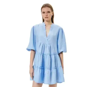 High quality airobin fabric woven mini balloon sleeve flounced v-neck women's dress wholesale Turkey