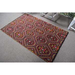 Alfombra Turca de 3.6x5.3 pies, Alfombra Sólida Roja y Azul de Lana - Product Image 4