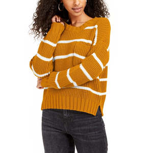 เสื้อสเวตเตอร์ลายทางสีทองของฮิปปี้โรสจูเนียร์ ไซส์ใหญ่ สไตล์ลำลองพื้นฐาน สำหรับฤดูใบไม้ร่วงและฤดูหนาว ระบายอากาศได้ดี ผ้าถักลายเสือดาวด้านหน้า - Product Image 1