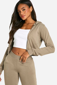 Ensemble de survêtement oversize streetwear pour femme 2025 – Hoodie court zippé intégral et pantalon de survêtement évasé avec broderie effet vieilli et délavage uni - Product Image 4