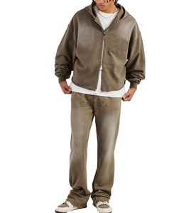 Chándal de algodón unisex vintage personalizado con cremallera completa, lavado ácido, talla grande, liso, con estampado de pedrería OEM 2026 - Product Image 2