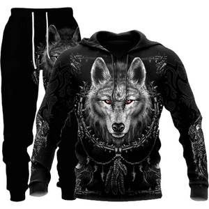 Fabrique de vêtements Sweat-shirt à capuche personnalisé fait par sublimation Tenue de sport imprimée loup Survêtements deux pièces imprimés pour hommes - Product Image 6