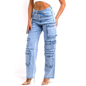 กางเกงยีนส์สำหรับผู้หญิงกางเกงยีนส์ขาสั้นทรงคาร์โก้สีฟ้าอ่อนปักโลโก้ตามสั่งขนาดพลัสไซส์สไตล์วินเทจ - Product Image 1