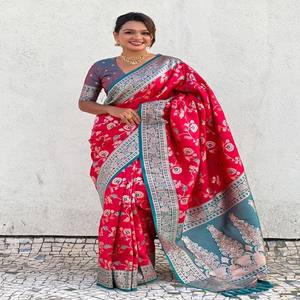 Sari de Seda Suave Banarasi Premium VASTRA COTTAGE, Color Oro Rosa, Zari Meenakari Jaal, Pallu de Rico Contraste con Blusa, Ropa Festiva - Product Image 6