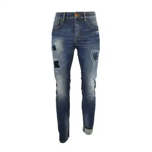 Jeans slim à l'aspect déchiré pour hommes en tissu vieilli Vêtements décontractés élégants avec conception de coupe au genou et ceinture extensible - Product Image 1