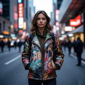 แจ็คเก็ตไบค์เกอร์หนังแท้สำหรับผู้หญิง, เสื้อแจ็คเก็ตหนังแกะพิมพ์ลายกราฟิกสำหรับขี่มอเตอร์ไซค์ - Product Image 6