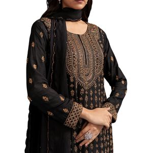 Traje Palazzo de seda negra con corte bordado Dana Work y Dupatta Venta al por mayor Mujeres Étnicas OEM Fábrica de ropa Proveedor a granel - Product Image 2