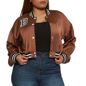 Top tendance femmes XS taille Varsity vestes avec recadrée Crochet broderie respirant Nylon court teint Satin pour l'automne - Product Image 1