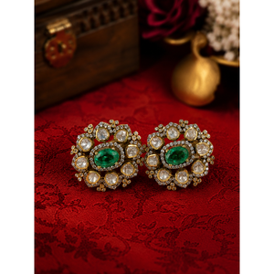 Antique <b>Emerald</b> Polki <b>Stud</b> <b>Earrings</b> in Rose White Yellow Gold with Diamond and Ruby - Product Image 2