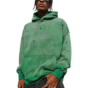 Sudaderas con capucha desgastadas con lavado ácido Vintage personalizadas 100% algodón French Terry Blank desgastadas pulóver sudaderas con capucha verdes para hombres 100% algodón - Product Image 1