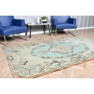 Alfombra Vintage, Alfombra Turca de 4.9x8.3 pies, Alfombra de Lana con Diseño Floral Azul y Blanco - Product Image 4