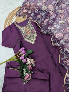 Shop Now Most Beautiful Purple Color Heavy Embroidery Neck Design Straight Cut Border Fancy Cotton <b>Kurti</b> &Pent With Dupatta Set - Product Image 5