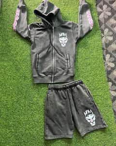 Ensemble surdimensionné de 2 pièces personnalisé lourd GSM 100% coton Vintage soleil délavé à l'acide sweat à capuche et short survêtements ensemble respirant - Product Image 1