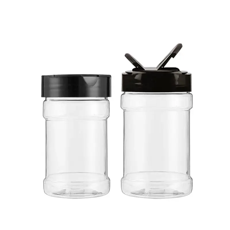 Bouteille d'assaisonnement en plastique PET transparent de tailles multiples avec couvercle papillon à double ouverture pour l'emballage du sel, des épices et du poivre.