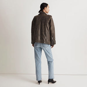 Chaqueta de piel de oveja estilo motorista para mujer de alta calidad personalizada 2024 primavera invierno bolsillos interiores de gran tamaño tela estampada bordada - Product Image 5