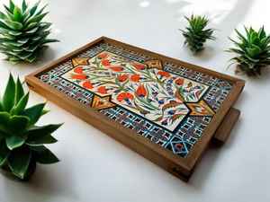Bandeja otomana de madera de nogal moderna con asas Bandeja de servicio para decoración de sala de estar Idea de regalo para el hogar - Product Image 3