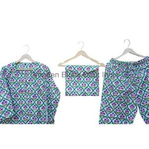Indien Vintage main bloc imprimé 100% coton pyjama ensemble col rond col tournant Floral doux été vêtements de détente/vêtements de plage à la main - Product Image 4