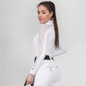 New Horse Riding Shirt Tops Short Sleeves Equestrian Clothing White Rose Gold Lace Competition Shirt