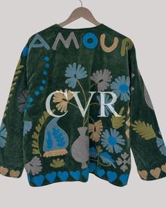 Manteau en velours vert brodé floral, manches longues, style bohème, grande taille, vêtement d'extérieur décontracté pour femme, col en V, épaules tombantes, automne - Product Image 2