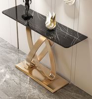 Ensemble de table console moderne et élégante en acier inoxydable personnalisable, avec plateau en marbre et finition or champagne, Concept Home