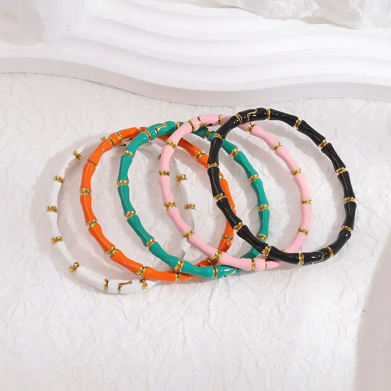 Hot Sale Multi Colors Oil Drop Tarnish Free Enamel Bangle Stainless Steel Waterproof Jewelry Colorful Bamboo Bone Cuff Bangles