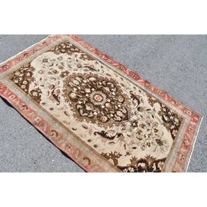 Traditional Beige <b>Brown</b> <b>Wool</b> Rug 3.9 X 6.6 ft Handmade Classic Turkish Patchwork Design Rectangle Hallway Latex for Bedside 4m - Product Image 4