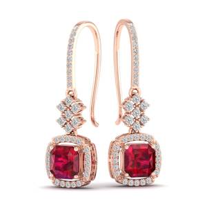 Boucles d'oreilles pendantes en or massif 14 carats avec diamants, design original REYES, taille radiant, rubis de 3,49 carats, bijoux de soirée - Product Image 1