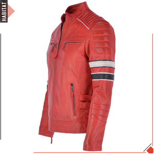 Red Distressed Retro Arm Strip <b>Real</b> Genuine Sheepskin Leather <b>Men</b> Jacket - Product Image 2