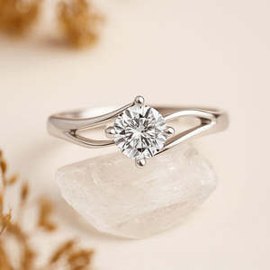 NOVAMART Fine Wave Minimal <b>Solitaire</b> Moissanite <b>Ring</b> Trendy Geometric Sterling <b>Silver</b> Engagement with Inlay Gemstone Free Size W - Product Image 1
