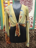 Blusa de Sari de Seda Estilo Boho Hippie para Mujer con Lazo Delantero, Corta, sin Cuello, Estampado Floral, para Playa o Verano